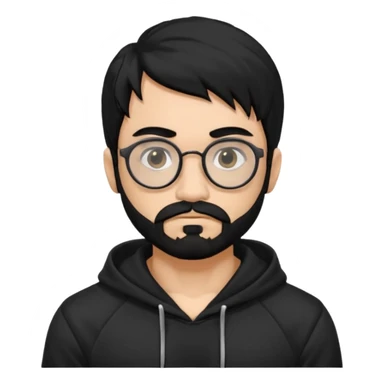 Man, hispanic skin, black hair, black beard, black mustache black eyes black t hoodie, small nose, long emo hair, muscular , round glasses sticker