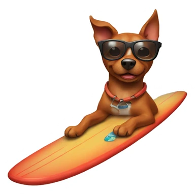 Red/ brown dog with sunglasses riding a surfboard with fish  sticker