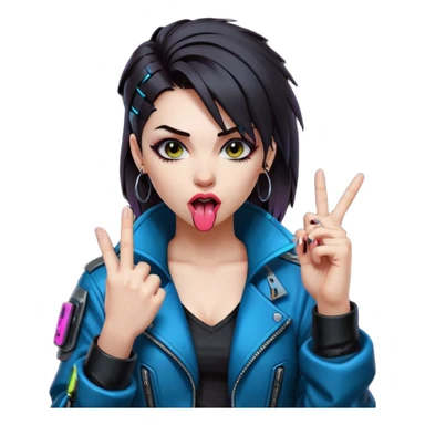 Woman with her tongue out in cyberpunk clothing and giving the middle finger. Looking naughty. sticker