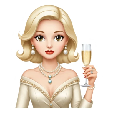 Elegant Western socialite with designer clothes, pearl necklace, champagne glass, luxury lifestyle sticker