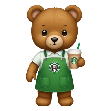 teddy bear wearing green apron with one cup of starbucks coffee sticker