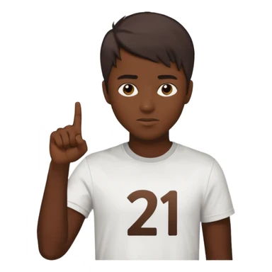 It says 21 with I kid (skin color dark chocolate with most of his hair cut off) pointing at 21 sticker