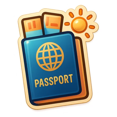 vector-style drawing of a passport with two tickets sticking out, and a small sun or cloud icon above the passport, in a retro sticker style with bold outlines and glossy highlights sticker