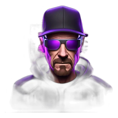Walter White wearing a black hoodie with "OMG" letters on it and VR headset in a cyberpunk VR environment with violet neon lighting. sticker