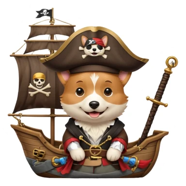 cartoon corgi dressed as a pirate with a hat and eyepatch, on a wooden pirate ship sticker