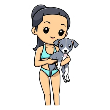 Slim Chinese woman with long black hair in appropriate pool attire at an indoor swimming pool with her Italian greyhound that is COMPLETELY solid grey, with absolutely NO white markings anywhere, single uniform grey color throughout entire dog body sticker