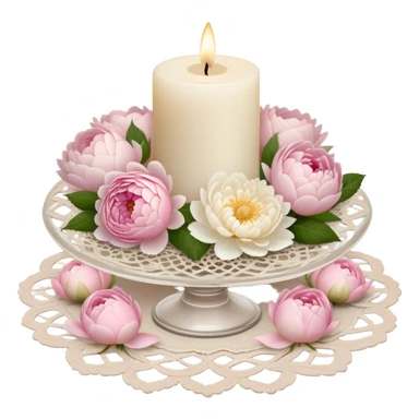 A small ivory wax candle in an ornate glass holder, placed on an antique lace doily, surrounded by loose soft pink rose petals, delicate white peonies, and blush dahlias, casting a warm, vintage glow.
 sticker