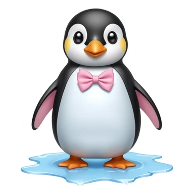 penguin, pink bow tie, standing on small ice melting sticker