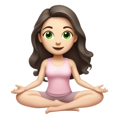 Dark brown long hair and green eyes yoga beautiful girl with pale skin in light pink pink pink clothes sitting on a yoga mat sticker