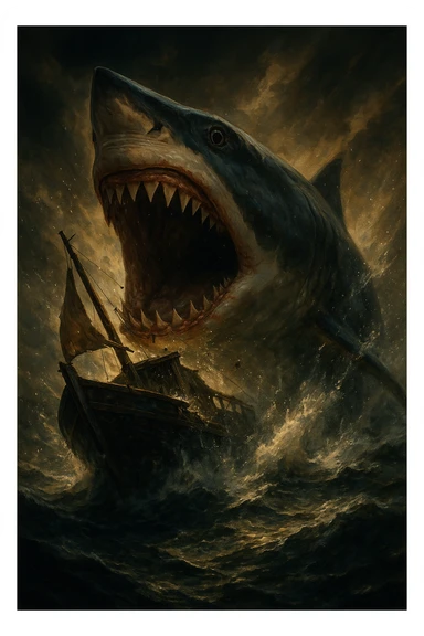 a shark eating a boat, dramatic cinematic style, intense lighting, high contrast, epic scene sticker