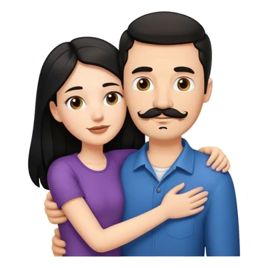 a short white girl with long black hair hugging a tall white guy with brown hair goatee mustache sticker