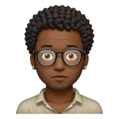 Black man emoji with short curly hair, black glasses, visible neck tattoo, adventurous and creative expression sticker