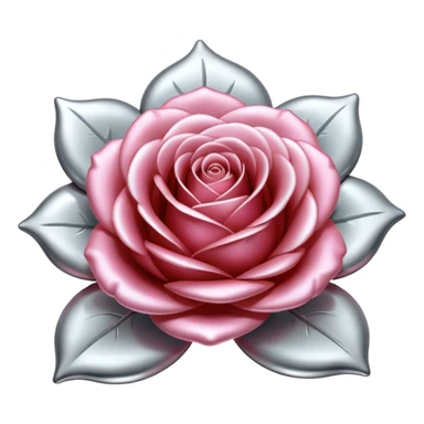 A rose emoji made of liquid silver metal, smooth metallic petals, reflective chrome surface, soft gradients, elegant shape, minimalistic iOS emoji style, centered, clean white background, realistic highlights, no text sticker