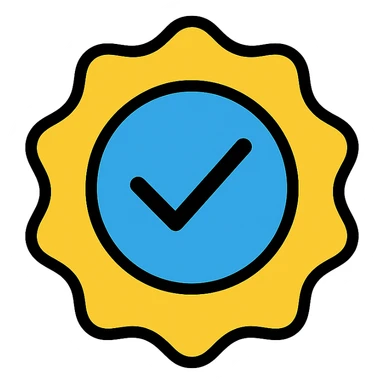 verified badge icon with a checkmark in the center, color outline style sticker