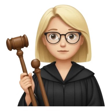 Young judge, blonde hair with glasses and robe, hold a gavel sticker