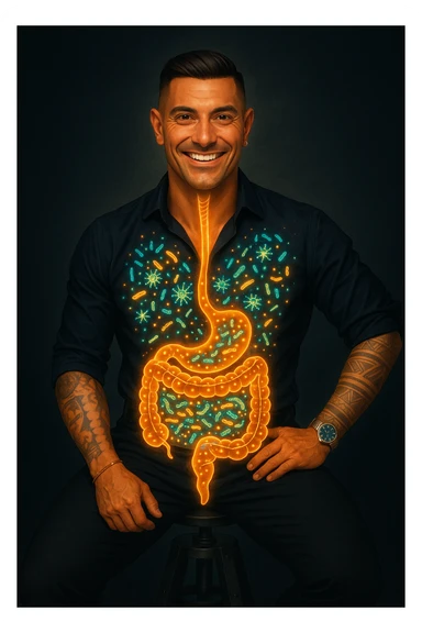 Radiant man with transparent digestive system showing diverse, thriving gut bacteria colonies in perfect balance, beneficial microorganisms glowing like constellation patterns throughout intestines, expression of optimal health and vitality, digestive tract functioning as harmonious ecosystem, immune system strengthened by microbial diversity, energy levels at peak performance sticker