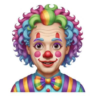 Middle-age man with Curly rainbow hair of clown — soft pastel curls tied high sticker