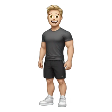 amazed Open with surprise mouth Pale skinned Fit Man With the biceps and dark brown hair in black shirt, gray sports shorts and white Sneakers sticker