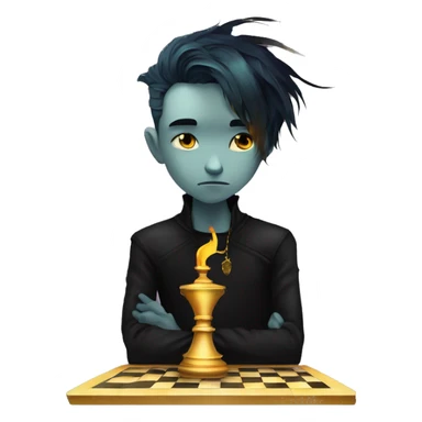 Hamlet young skinny sad man iridescent hair wearing raven feathers with a gilded hourglass and golden flames yin yang chess board sticker