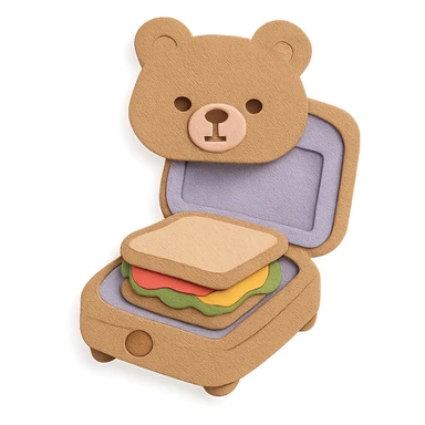 soft pastel sandwich maker bear opening with a cute sandwich inside, creamy brown, full-body sticker