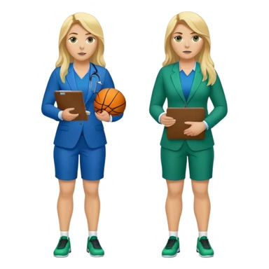 Full Body white plus size female basketball head coach using a clipboard with long blonde hair in a blue and green suit sticker