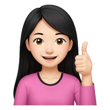 a girl genuinely feeling happy so so so much laughing so hard with her eyes folded long black hair asian girl on a pink shirt with her thumb up sticker