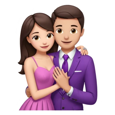 Brunette girl, with an engagement ring on her finger hugging a handsome man, (her boyfriend) both of them happy, she’s wearing a pink dress, he is wearing a suit, he’s also a rich businessman, and there is the 💜 purple heart emoji on top. They look in love with each other sticker