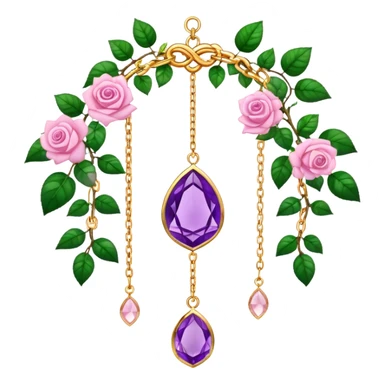 Hanging suncatcher, gold chains with shiny sparkly amethyst and rose-quartz gemstones, roses, beautiful leaves, gorgeous aesthetics sticker