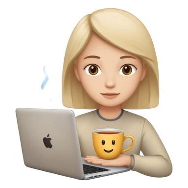 laptop, neutral face in display, cup of tea nearby sticker