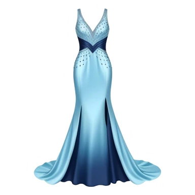 Realistic isolated long slim pastel blue formal party satin dress with gradient shiny sparkling navy blue diamonds embroidered on it. sticker