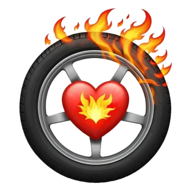 a car wheel on fire, sparks flying from underneath, and a red heart in the center of the wheel sticker
