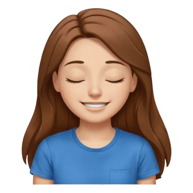 female face smiling with closed eyes with long brown hair and brown eyes in a blue t-shirt sticker