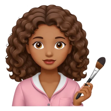 Chica castañana con el cabello ondulado, aplicándose rubor con una brocha en la mano sticker