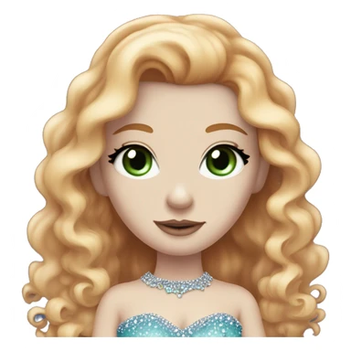  Red long hair curly girl, pale skin, white foundation, purple eyeshadow, with green eyes and a blue bedazzled dress with a small tiara on her head, with mascara on her eyes blue dress pale skin sticker