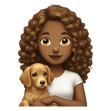 Brown girl with brown curly hair with a golden retriever puppy sticker