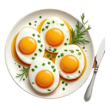 Cinematic sunny-side-up eggs, perfectly cooked with glossy yolks, crispy golden edges, sprinkled with fresh herbs, served on a rustic plate, bright and inviting, highly detailed and appetizing. sticker