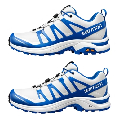 Minimalist white Salomon XT-6 with blue signature Salomon stripe across the middle, one positioned behind the other, iOS emoji style, completely white except for the distinctive colored middle stripe sticker