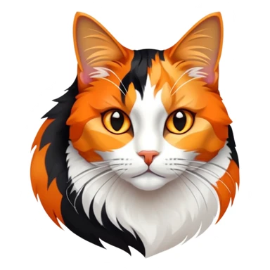 cinematic-noble-calico-cat-portrait-emoji,-poised-and-regal,-with-a-striking-patchwork-fur-in-vibrant-orange,-black,-and-white-hues premoninantly black,-delicate-whiskers-and-a-refined,-relaxed-gaze,-simplified-yet-exquisitely-detailed,-glowing sticker