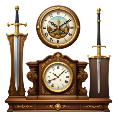 Icon for Antiques Collecting: a vintage clock, intricately carved furniture, famous paintings, antique swords, and rifles. The items are displayed on a wooden table or shelf. The icon should evoke the rich history and craftsmanship of antique collecting. Transparent background. sticker
