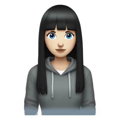 A pale girl with blue eyes. Black hair and bangs. With a black hoodie ￼￼ sticker