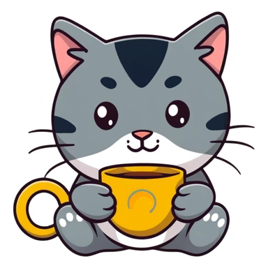 tricolor fluffy cat with big green eyes drinking a cup of coffee sticker