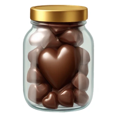 Realistic chocolate heart candies in a glass jar with a gold screw on lid on the top. sticker