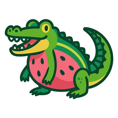 cartoon crocodile with a watermelon-shaped body, realistic crocodile tail and legs, vibrant green and pink colors sticker