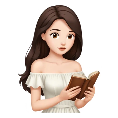 Beautiful woman in 1950’s woman fashion look, off-shoulder white dress, long dark brown hair, reading  sticker