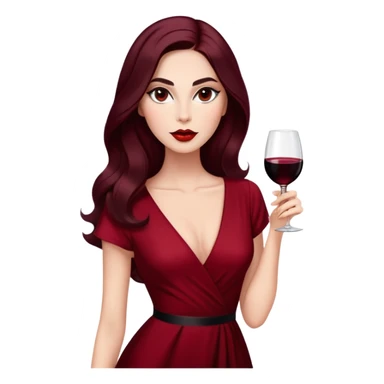 Glamorous woman with radiant fair skin, elongated face, large dark almond eyes with dramatic eyeliner, thick defined eyebrows, full red lips, long dark straight hair with soft waves at ends, wearing wine red velvet V-neck dress, confident expression sticker