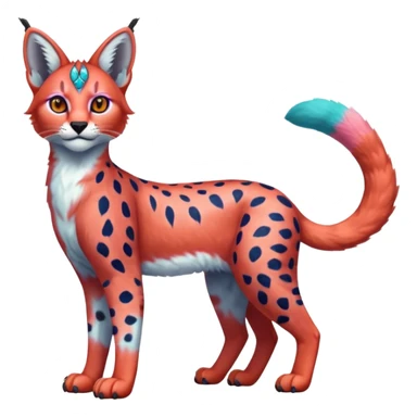 Colorful bluish cute adorable tropical exotic fruity rosy neon-red Caracal-Cheetah-Serval-Snow-Leopard-Trico-Sergal-Vernid-fusion-hybrid-animal-creature, full body, with tribal markings sticker