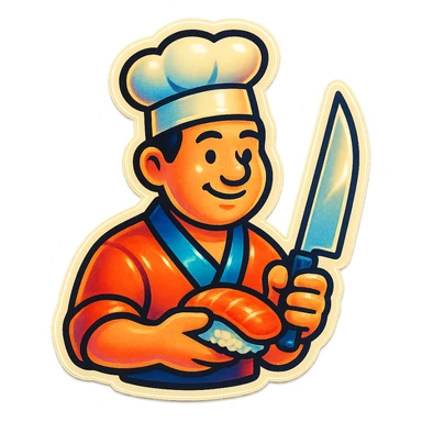 A sushi chef with a chef's hat and a retro vibe sticker