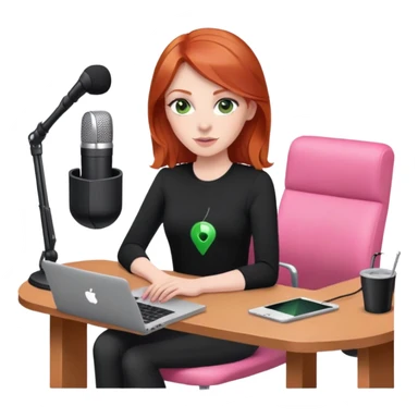 Redhead with green eyes sat at desk with pink MacBook and  podcast microphone black top and pink chair  sticker