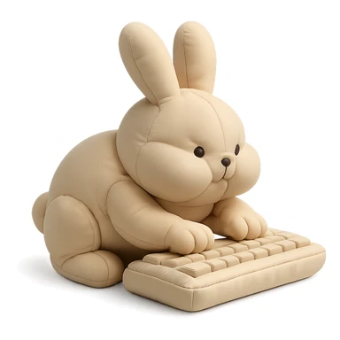 full-body vanilla bunny typing fast on a keyboard, cheeks puffed, cushion style sticker