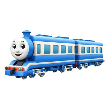 A 3D cartoon passenger train with blue carriages and visible windows, moving through countryside, Memoji-style. sticker